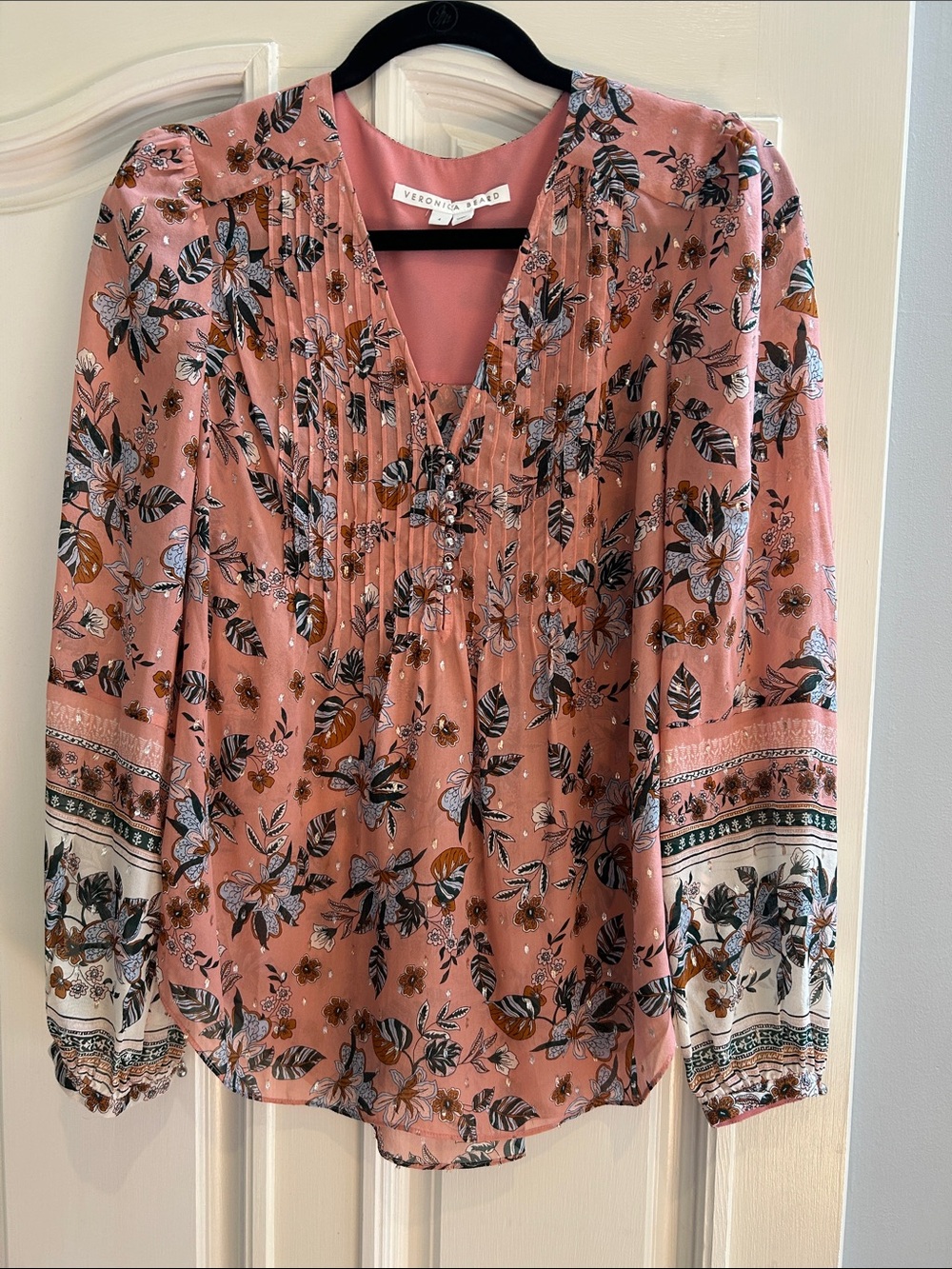 Veronica Beard Rose Floral Pintuck V-Neck Blouse with Contrast Cuffs